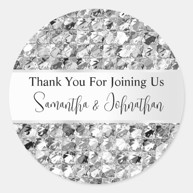 Silver sparkle faux foil aluminum glam metallic  classic round sticker (Front)