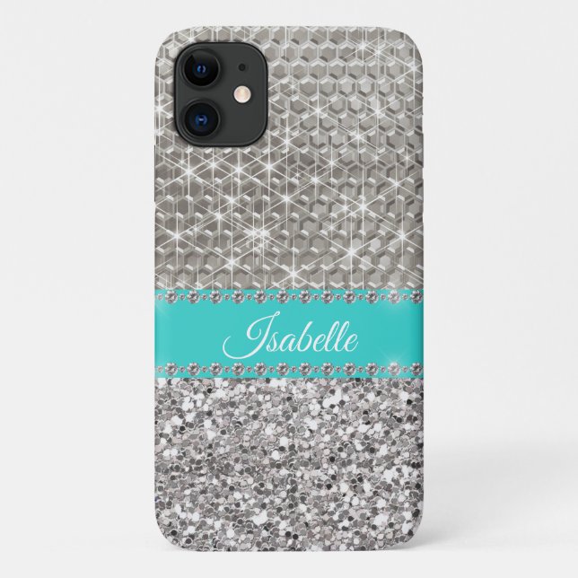 Silver Sparkle Glam Bling Personalized Metal Case-Mate iPhone Case (Back)