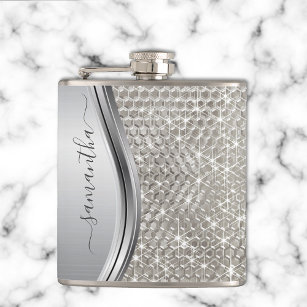 Silver Sparkle Glam Bling Personalized Metal Hip Flask