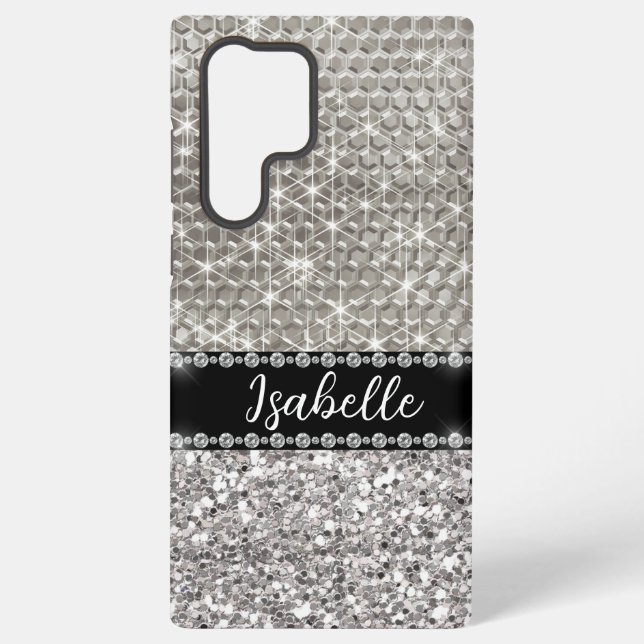 Silver Sparkle Glam Bling Personalized Metal  Samsung Galaxy S22 Ultra Case (Back)