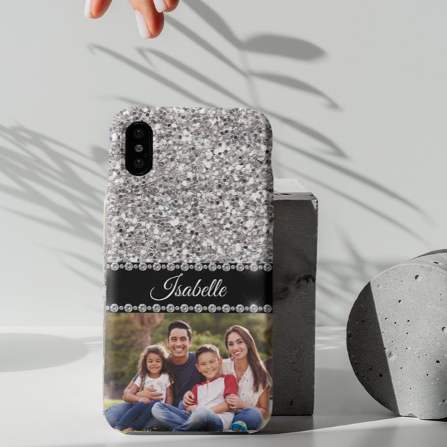 Silver Sparkle Glam Glitter Photo Monogram Case-Mate iPhone Case (Creator Uploaded)
