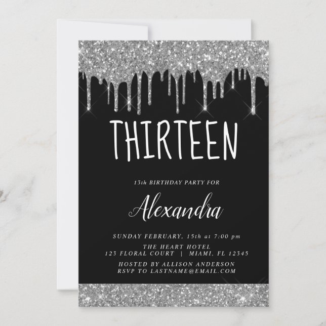Silver Sparkle Glitter 13th Thirteen Birthday Invitation (Front)
