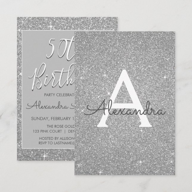 Silver Sparkle Glitter 50th Birthday Party Invitation (Front/Back)