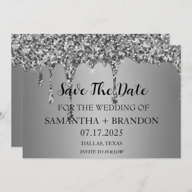 Silver Sparkle Glitter Drips Luxury Wedding  Save The Date (Front/Back)