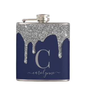 Silver Sparkle Glitter Drips Navy Blue Monogram Hip Flask