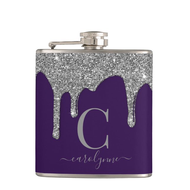 Silver Sparkle Glitter Drips on Purple Monogram Hip Flask (Front)