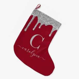 Silver Sparkle Glitter Drips on Red Monogram Large Christmas Stocking