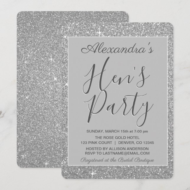 Silver Sparkle Glitter Hen's Party Invitation (Front/Back)