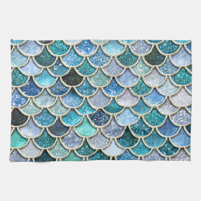 Silver Sparkle Glitter Mermaid Scales Kitchen Towel (Horizontal)