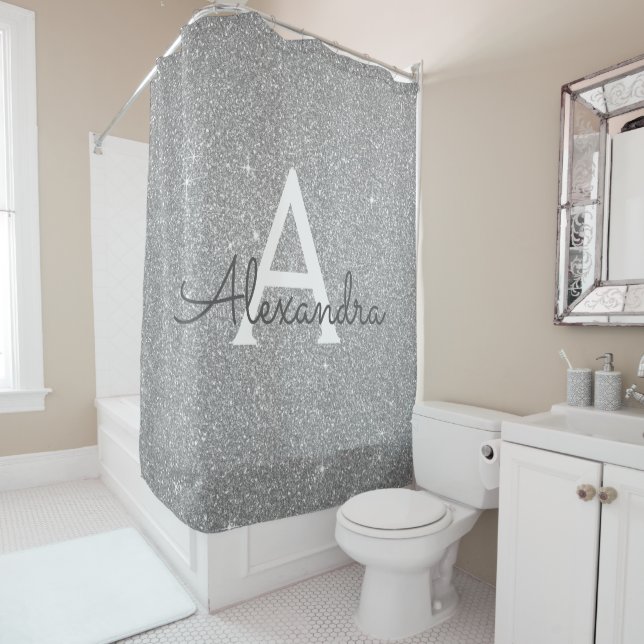 Silver Sparkle Glitter Monogram Name Bathroom (In Situ)