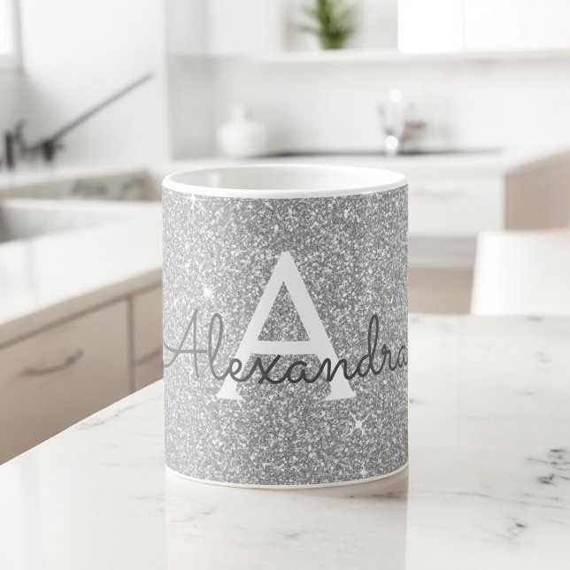 Silver Sparkle Glitter Monogram Name & Initial Coffee Mug (Creator Uploaded)