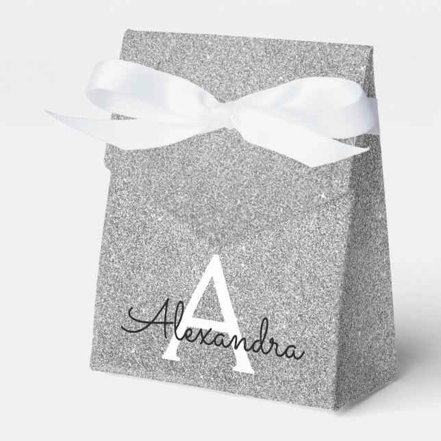 Silver Sparkle Glitter Monogram Name & Initial Favor Box (Front Side)