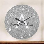 Silver Sparkle Glitter Monogram Name & Initial Large Clock<br><div class="desc">Silver Sparkle Glitter Monogram Name and Initial Serving Wall Clock. The Wall Clock makes the perfect gift for someone who loves silver sparkle glitter.</div>