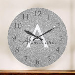 Silver Sparkle Glitter Monogram Name & Initial Large Clock<br><div class="desc">Silver Sparkle Glitter Monogram Name and Initial Serving Wall Clock. The Wall Clock makes the perfect gift for someone who loves sparkle and glitter.</div>