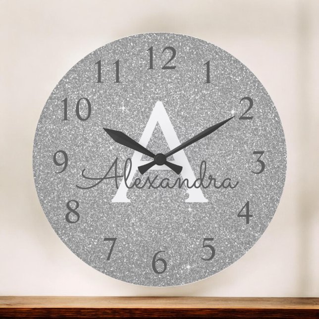 Silver Sparkle Glitter Monogram Name & Initial Large Clock (Creator Uploaded)