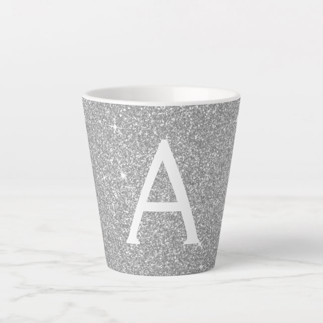 Silver Sparkle Glitter Monogram Name & Initial Latte Mug (Front)
