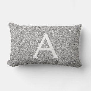 Silver Sparkle Glitter Monogram Name & Initial Lumbar Pillow