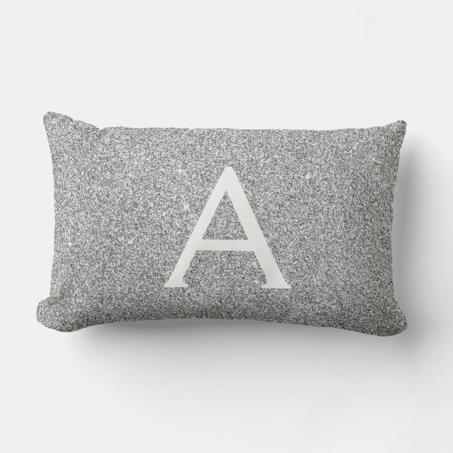 Silver Sparkle Glitter Monogram Name & Initial Lumbar Pillow (Front)