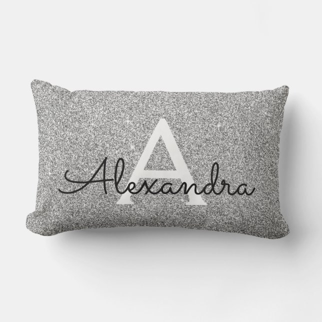 Silver Sparkle Glitter Monogram Name & Initial Lumbar Pillow (Front)