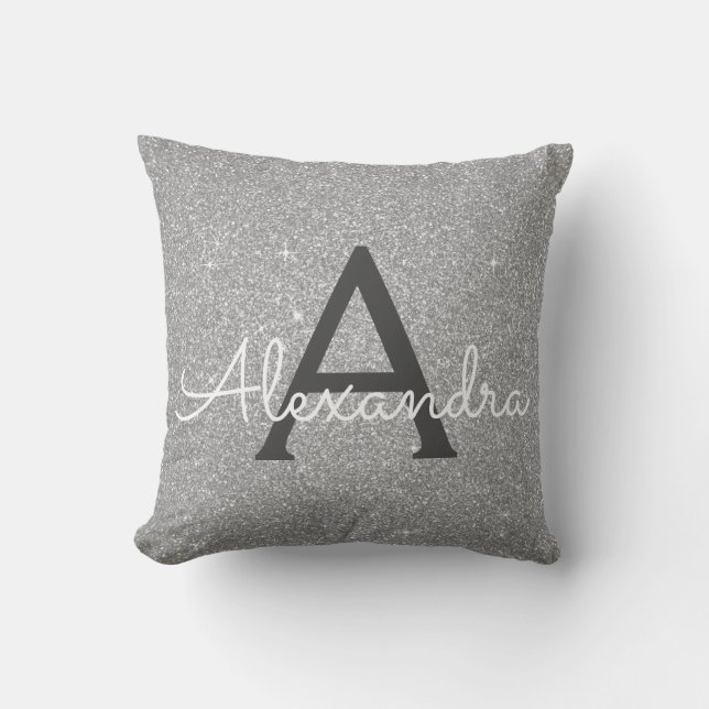 Silver Sparkle Glitter Monogram Name & Initial Throw Pillow (Front)