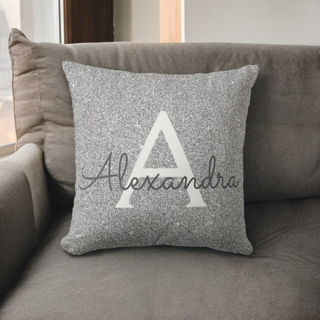 Silver Sparkle Glitter Monogram Name & Initial Throw Pillow (Creator Uploaded)
