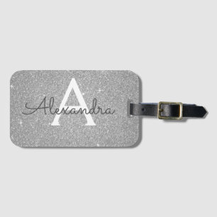 Silver Sparkle Glitter Monogram Name Luggage Tag