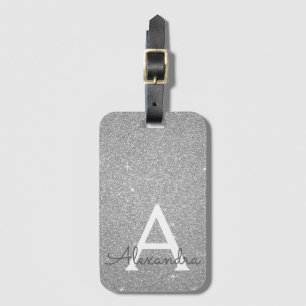 Silver Sparkle Glitter Monogram Name Luggage Tag