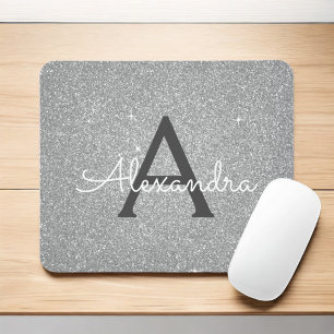 Silver Sparkle Glitter Monogram Name Mousepad