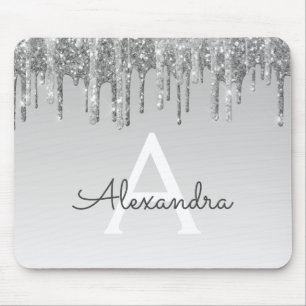 Silver Sparkle Glitter Monogram Name Mousepad