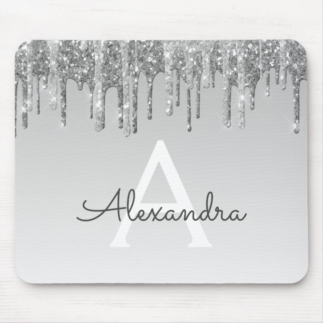 Silver Sparkle Glitter Monogram Name Mousepad (Front)