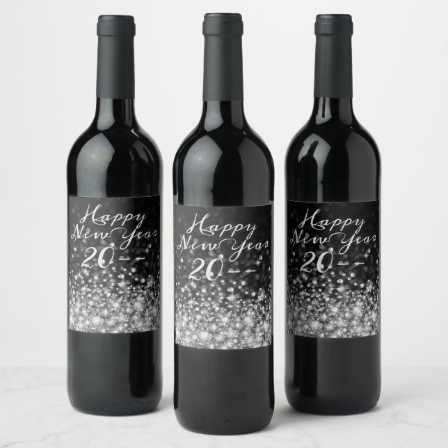 Silver Sparkle Happy New Year Wine Label (Bottles)