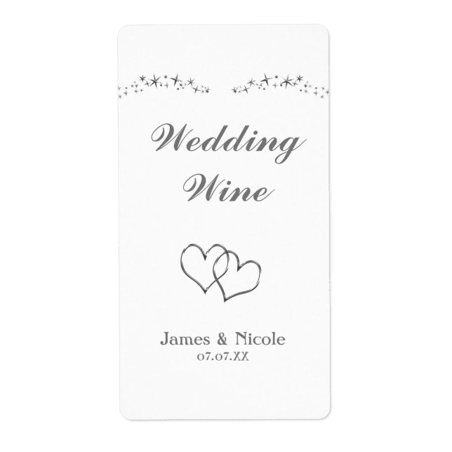 Silver Sparkle & Hearts Wedding Wine Label (Front)