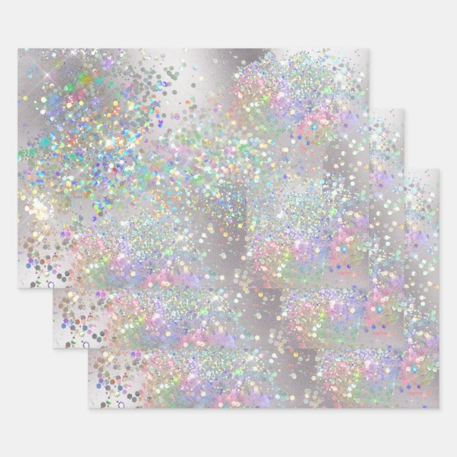 Silver sparkle holographic rainbow glitter shine wrapping paper sheet (Set)
