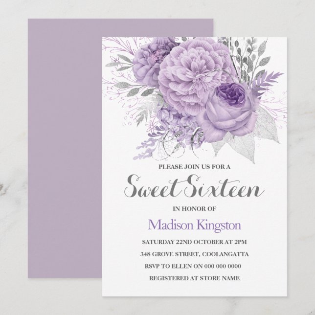 Silver Sparkle Lavender Sweet Sixteen Invite (Front/Back)