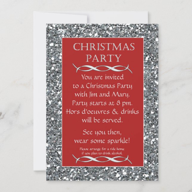 Silver Sparkle Look Red Christmas Party Invitation (Front)