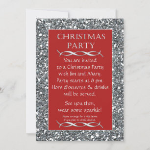 Silver Sparkle Look Red Christmas Party Invitation