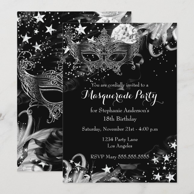Silver Sparkle Magical Night Masquerade Invitation (Front/Back)