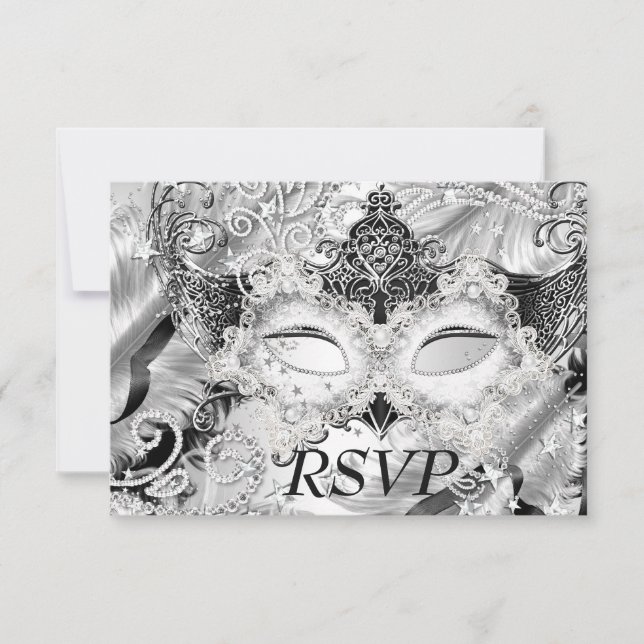 Silver Sparkle Mask Masquerade Party RSVP (Front)