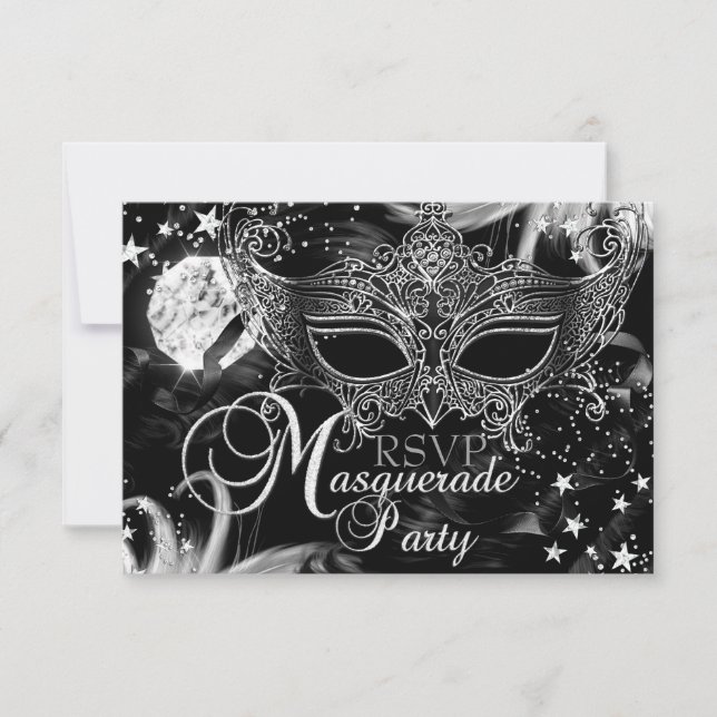 Silver Sparkle Mask Star Night Masquerade RSVP Card (Front)