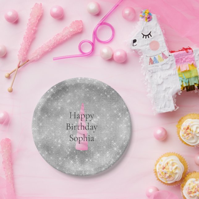 Silver Sparkle Pink Glam Unicorn Birthday Paper Plate (Party)