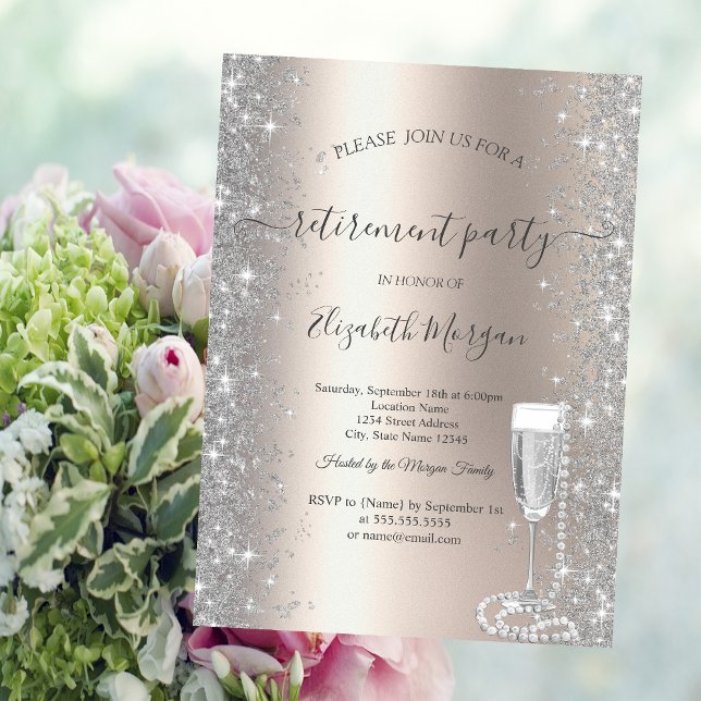 Silver Sparkle Prosecco  Pearls Ivory Retirement  Invitation (Creator Uploaded)