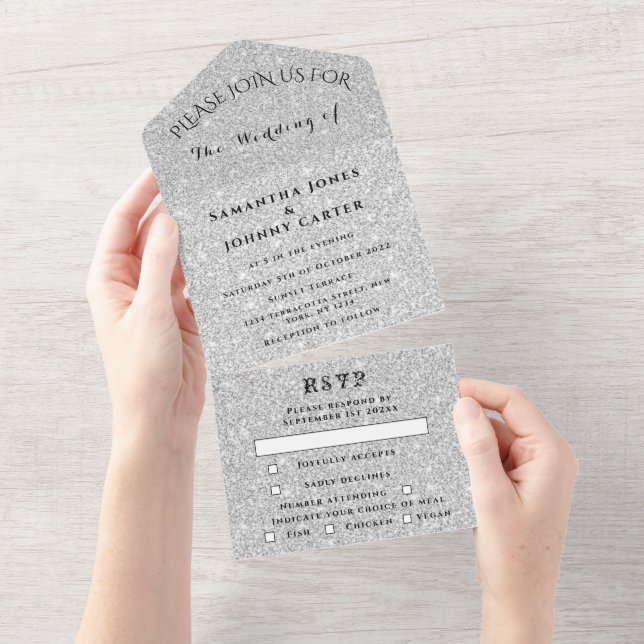 Silver Sparkle RSVP Elegant Modern Wedding All In  All In One Invitation (Tearaway)