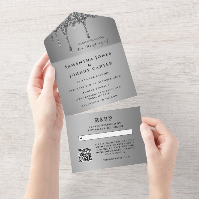 Silver Sparkle RSVP Elegant Modern Wedding All In One Invitation (Tearaway)