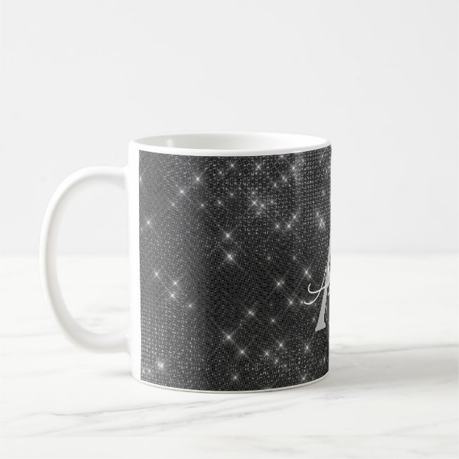 Silver Sparkle Shimmer Monogram Name & Initial Coffee Mug (Left)