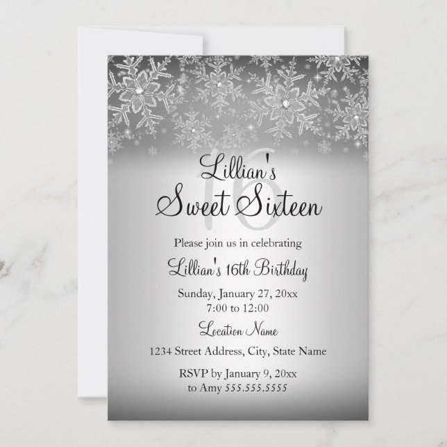 Silver Sparkle Snowflake Sweet 16 Invitation (Front)