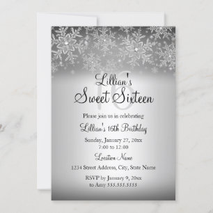 Silver Sparkle Snowflake Sweet 16 Invitation