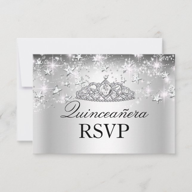Silver Sparkle Tiara & Stars Quinceanera RSVP (Front)
