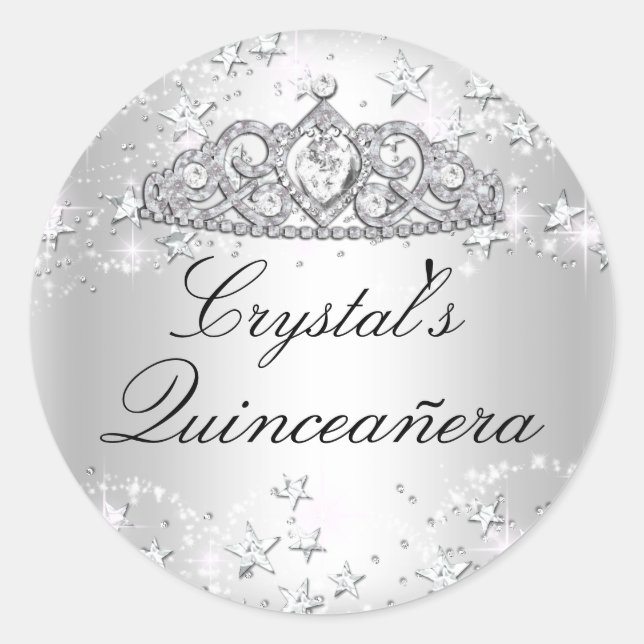 Silver Sparkle Tiara & Stars Quinceanera Sticker (Front)