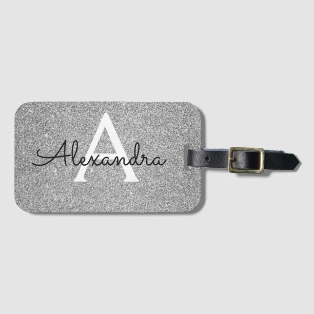 Silver Sparkle Twinkle Glitter Monogram Name Luggage Tag (Front Horizontal)