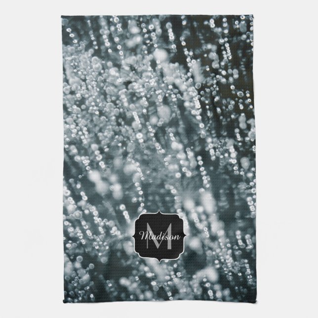 Silver sparkles Frozen Ice bubbles Monogram Kitchen Towel (Vertical)